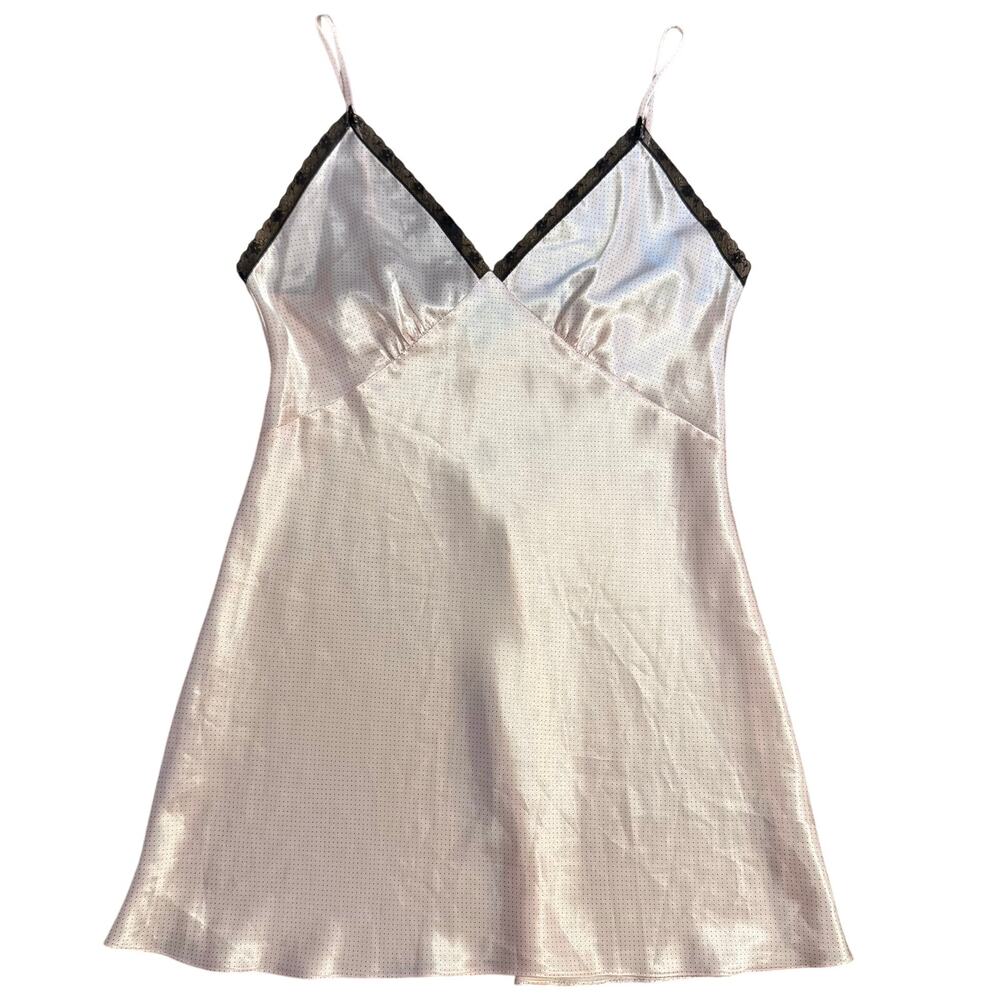 VTG Y2K Slip Dress Polka Dot Satin V Neck Lace Girly Jones New York Pink Large